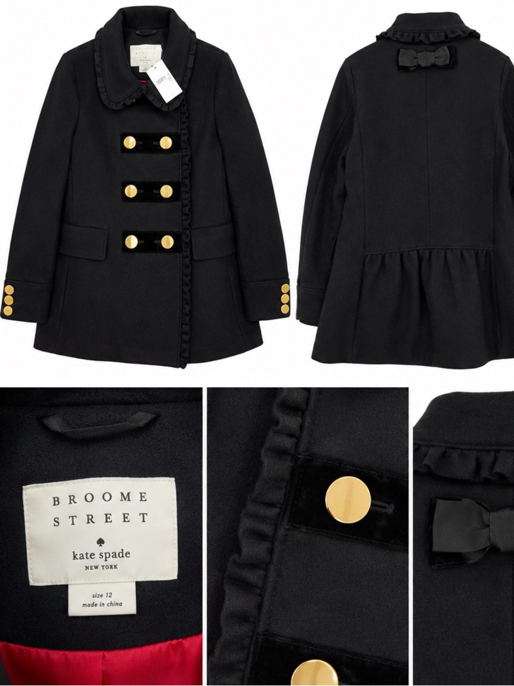 Kate Spade Broome Street Ruffle Velvet Trim Coat NWT Size 12 MSRP $548